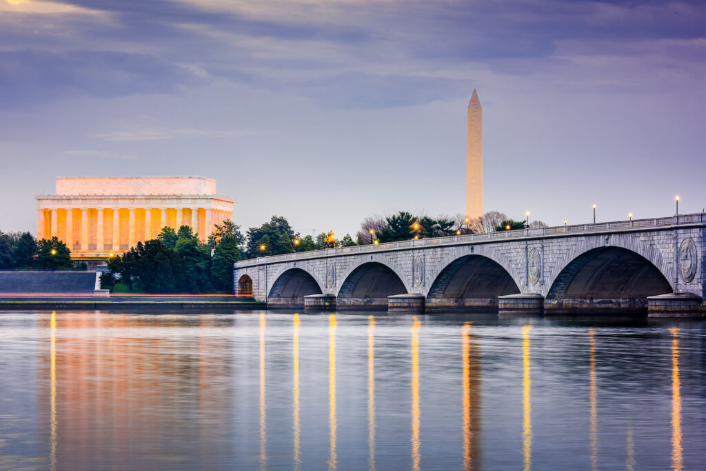 Arlington Memorial Bridge view of bridge with Washington National Monument and Lincoln Memorial