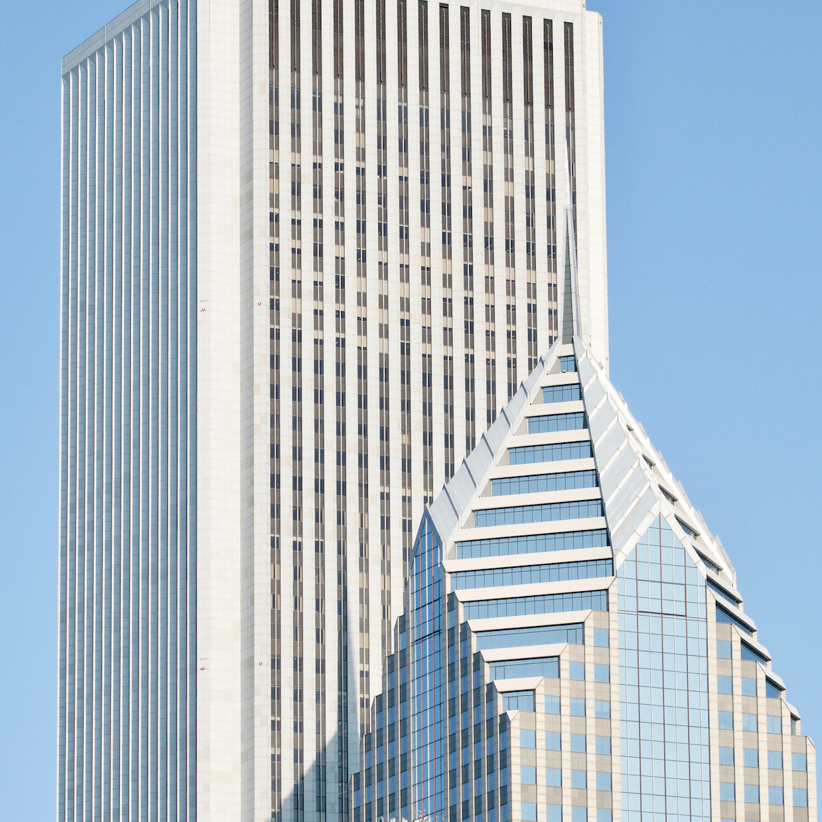 Zoomed in view of Aon Building with White Mount Airy Granite Facade Visible