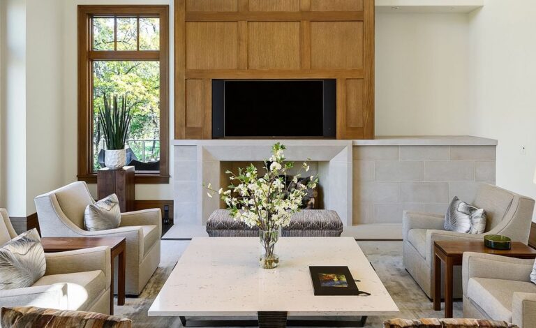 Sleek Built-In Limestone Fireplace