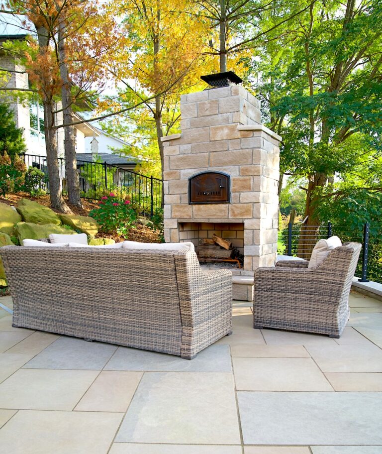 Lakehouse Patio Limestone Fireplace