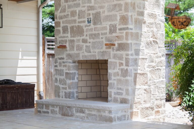 Double Sided Patio Limestone Fireplace